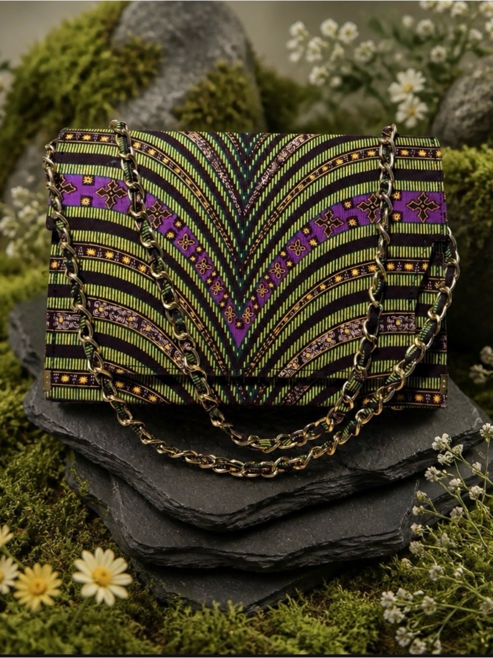 Patterned Chain-Handle Shoulder Bag in Green & Purple